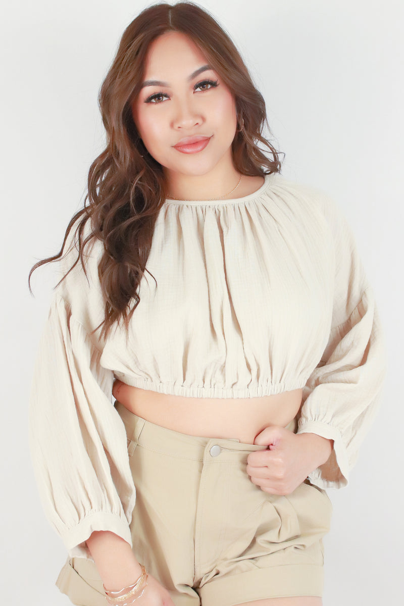 Jeans Warehouse Hawaii - 3/4 & L/S SOLID WOV TOPS - 3/4 SLEEVE CROPPED GAUZE TOP | By MABLE