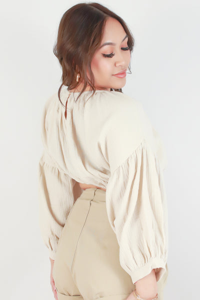 Jeans Warehouse Hawaii - 3/4 & L/S SOLID WOV TOPS - 3/4 SLEEVE CROPPED GAUZE TOP | By MABLE