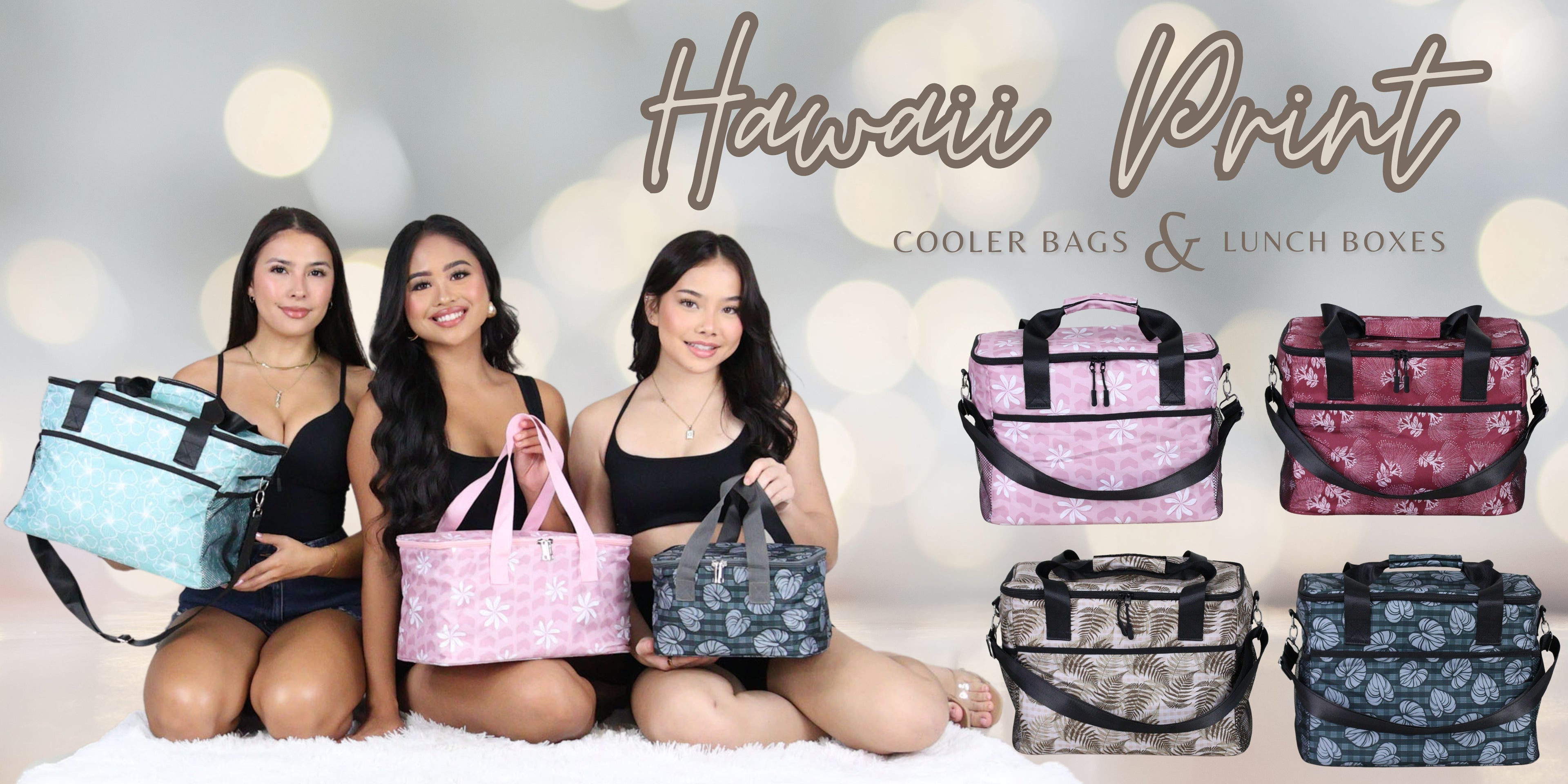 Three women holding cooler bags with 'Hawaii Print' text and product images. Latest Hawaii Print Cooler Bags and Lunch Boxes