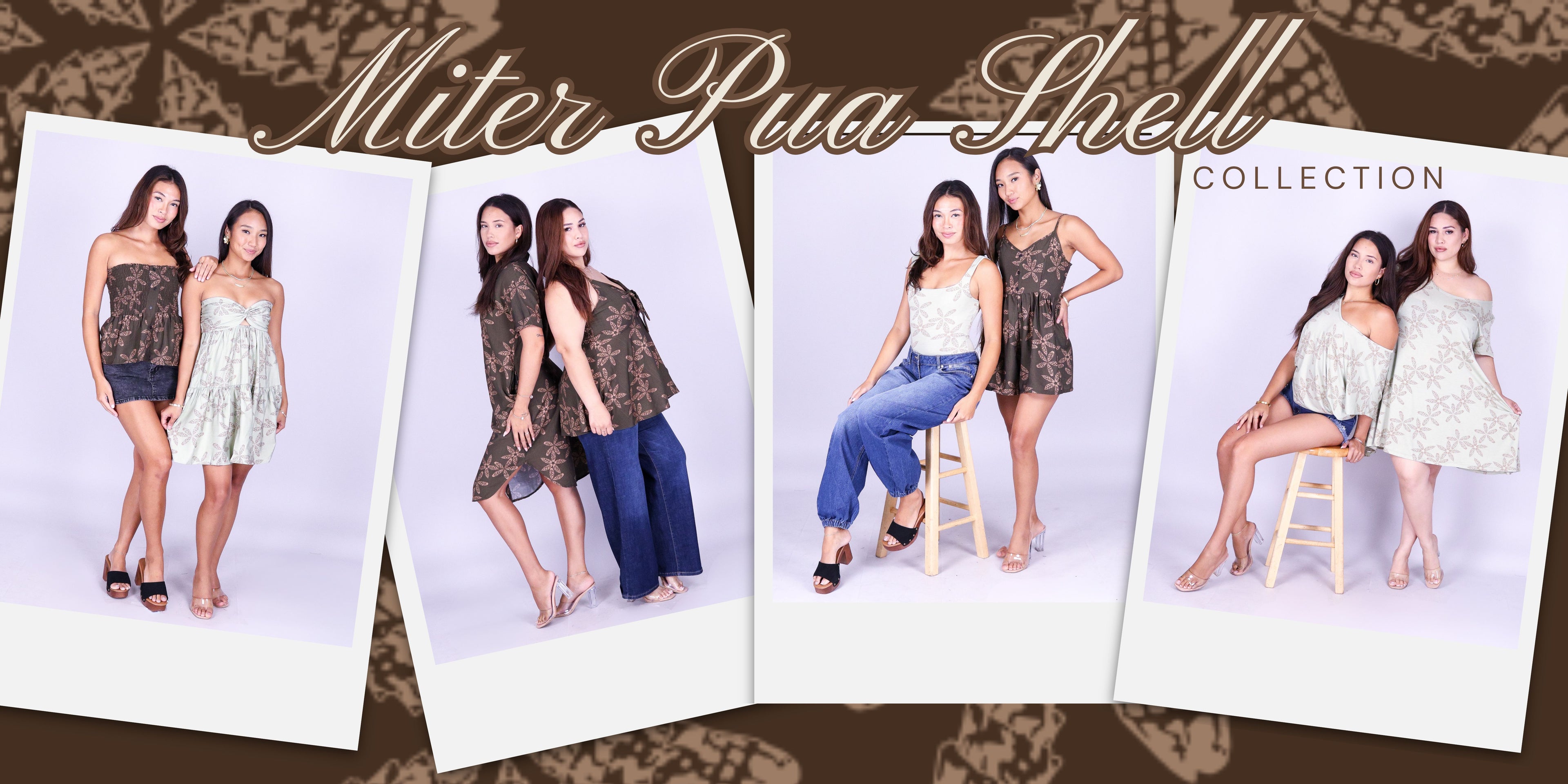 A promotional collage for the Miter Pua Shell Collection, showing four polaroid-style photos of three models wearing different styles of leopard-print and white shell-embellished garments against a light studio background, with the collection name at the top on a brown patterned backdrop.