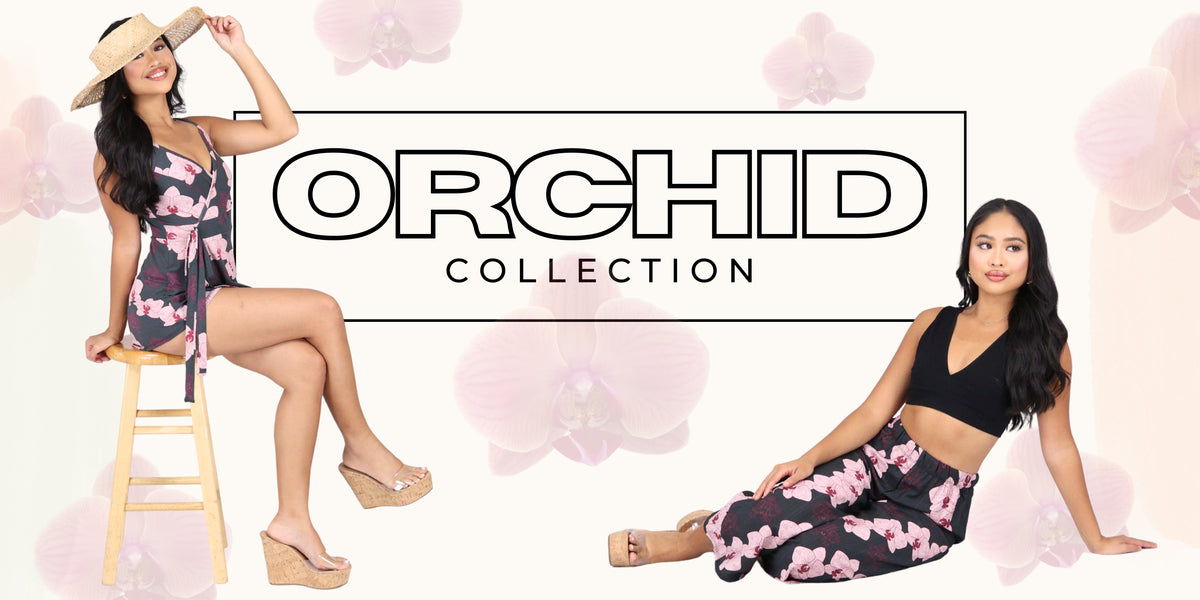 Two models showcase the Orchid Collection, featuring a floral one-piece swimsuit on a model sitting on a wooden stool and a matching two-piece set on a model reclining on the right, set against a light background with soft orchid flower graphics and a central brand logo.