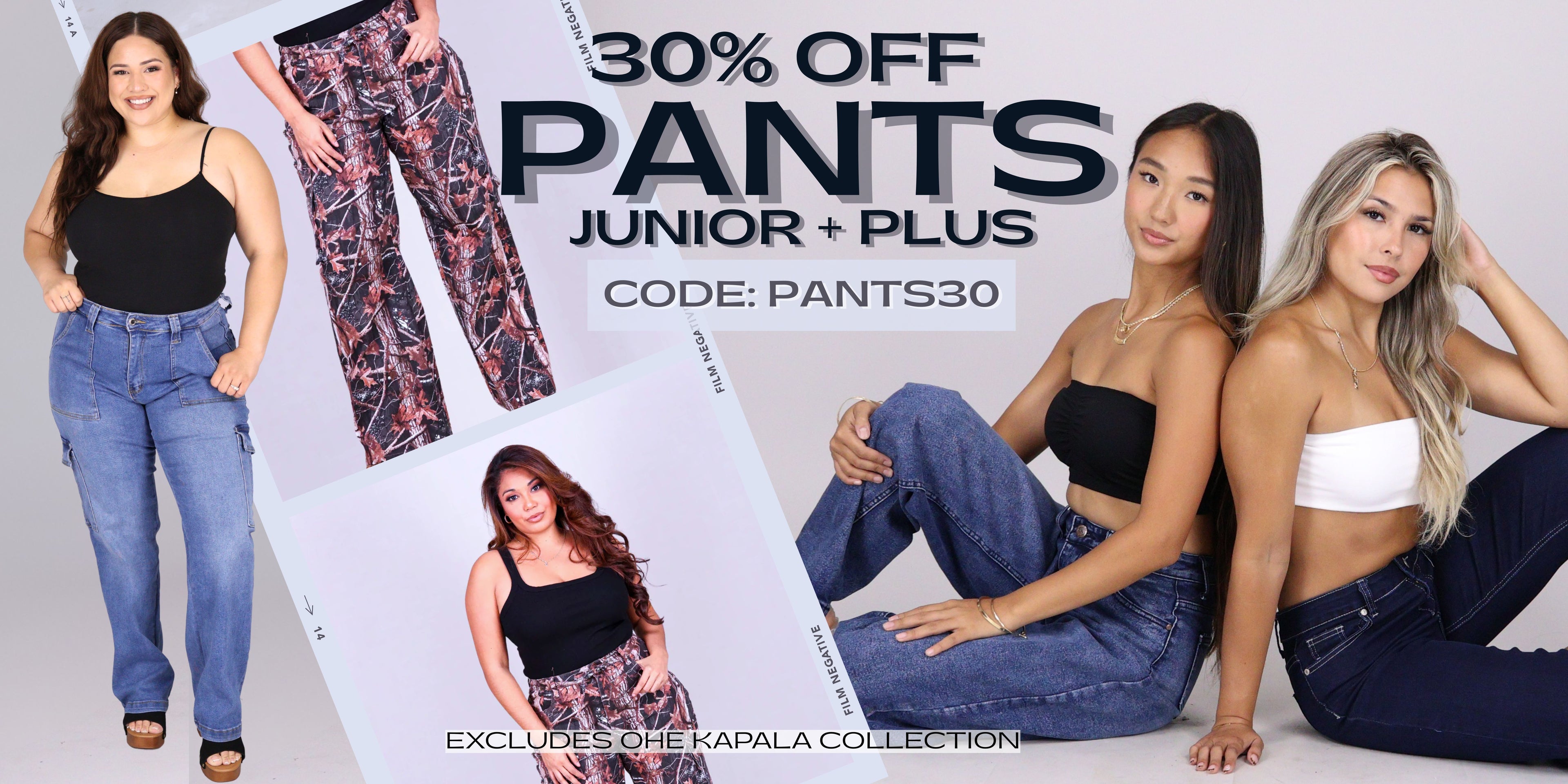 Promotional advertisement for pants with models wearing jeans and a discount offer.
