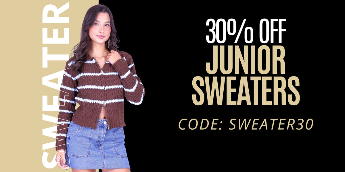 A promotional banner featuring a young woman wearing a brown and white striped knit sweater, set against a split beige and black background with text reading 'SWEATER', '30% OFF JUNIOR SWEATERS', and 'CODE: SWEATER30'.