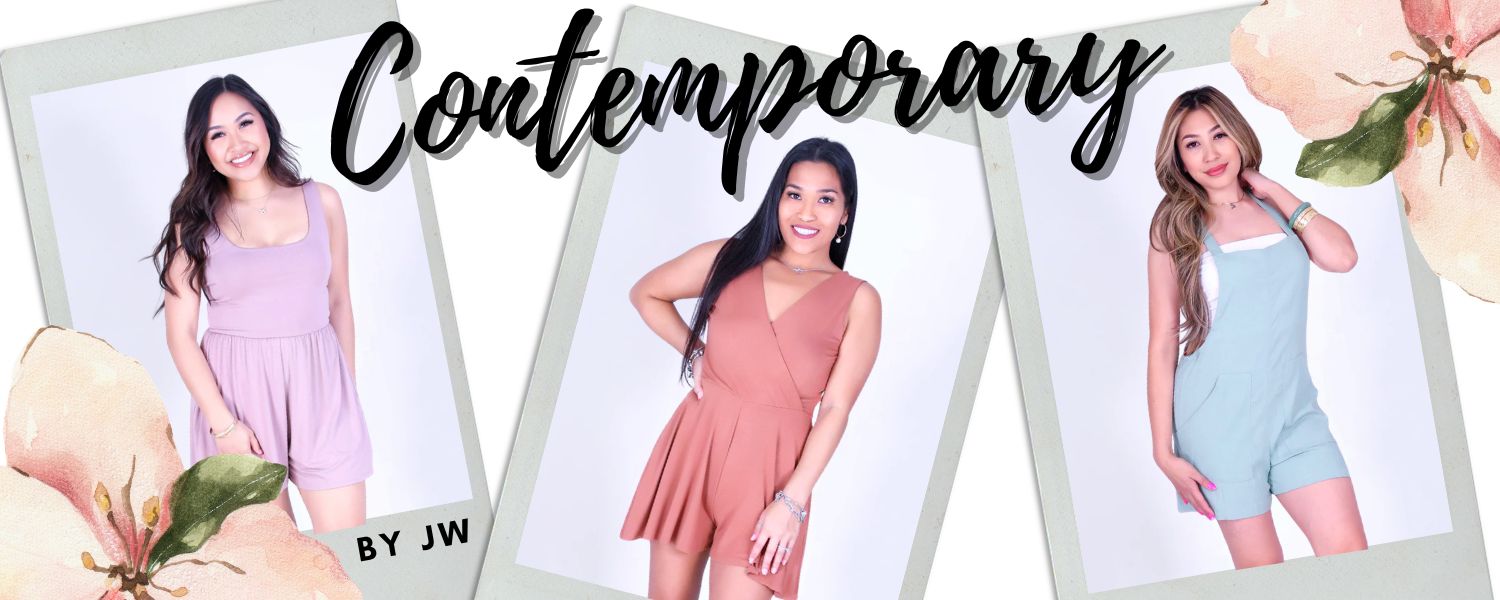 Three women wearing different colored rompers with 'Contemporary by JW' text.