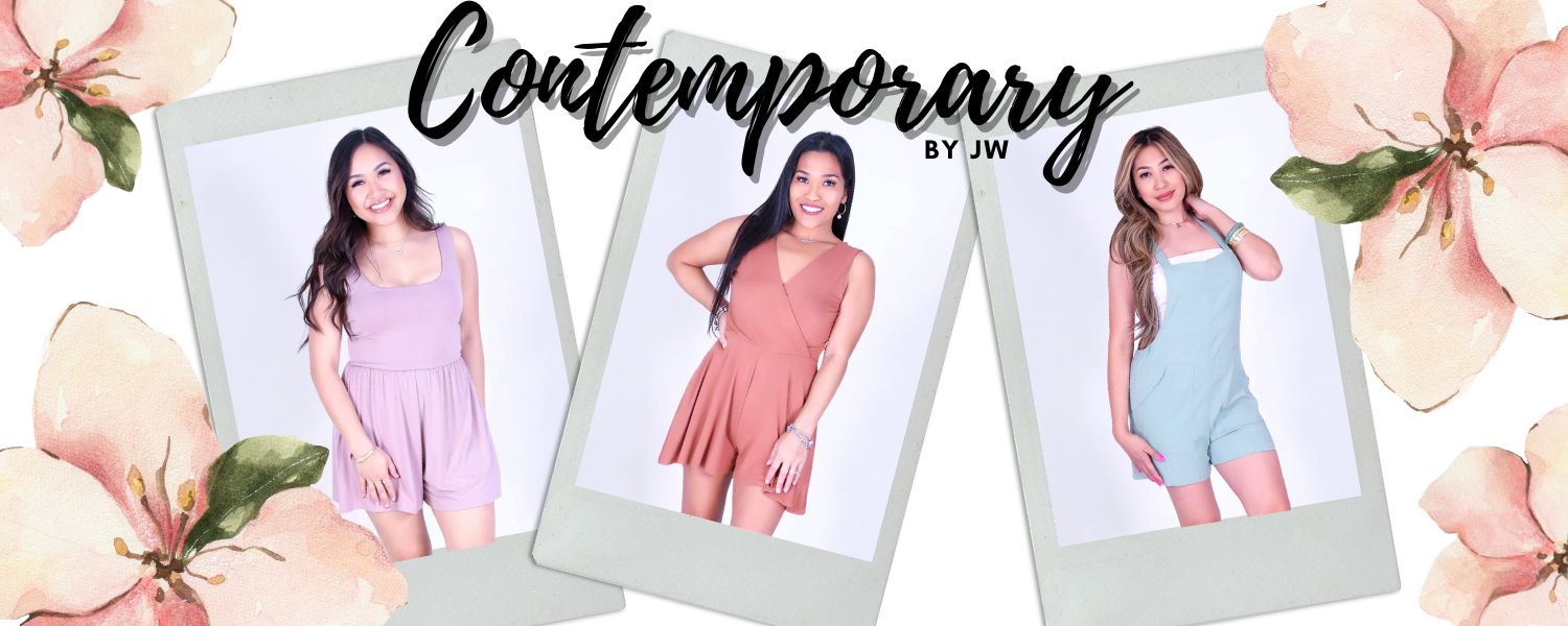 Three polaroid-style images of a woman wearing different colored rompers with floral elements and 'Contemporary by JW' text.