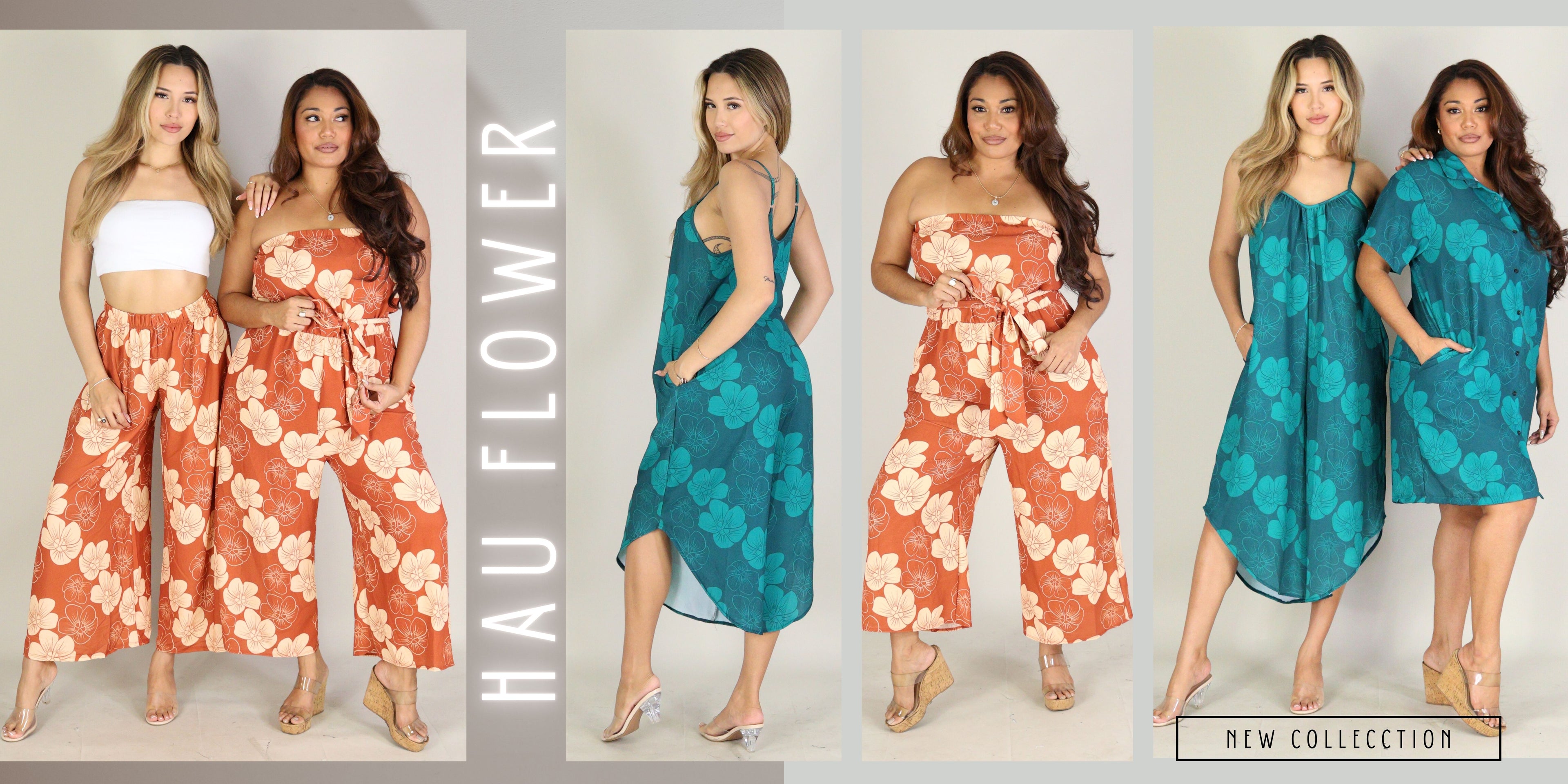 Woman modeling floral dresses and pants with 'Hau Flower' branding on a gray background.