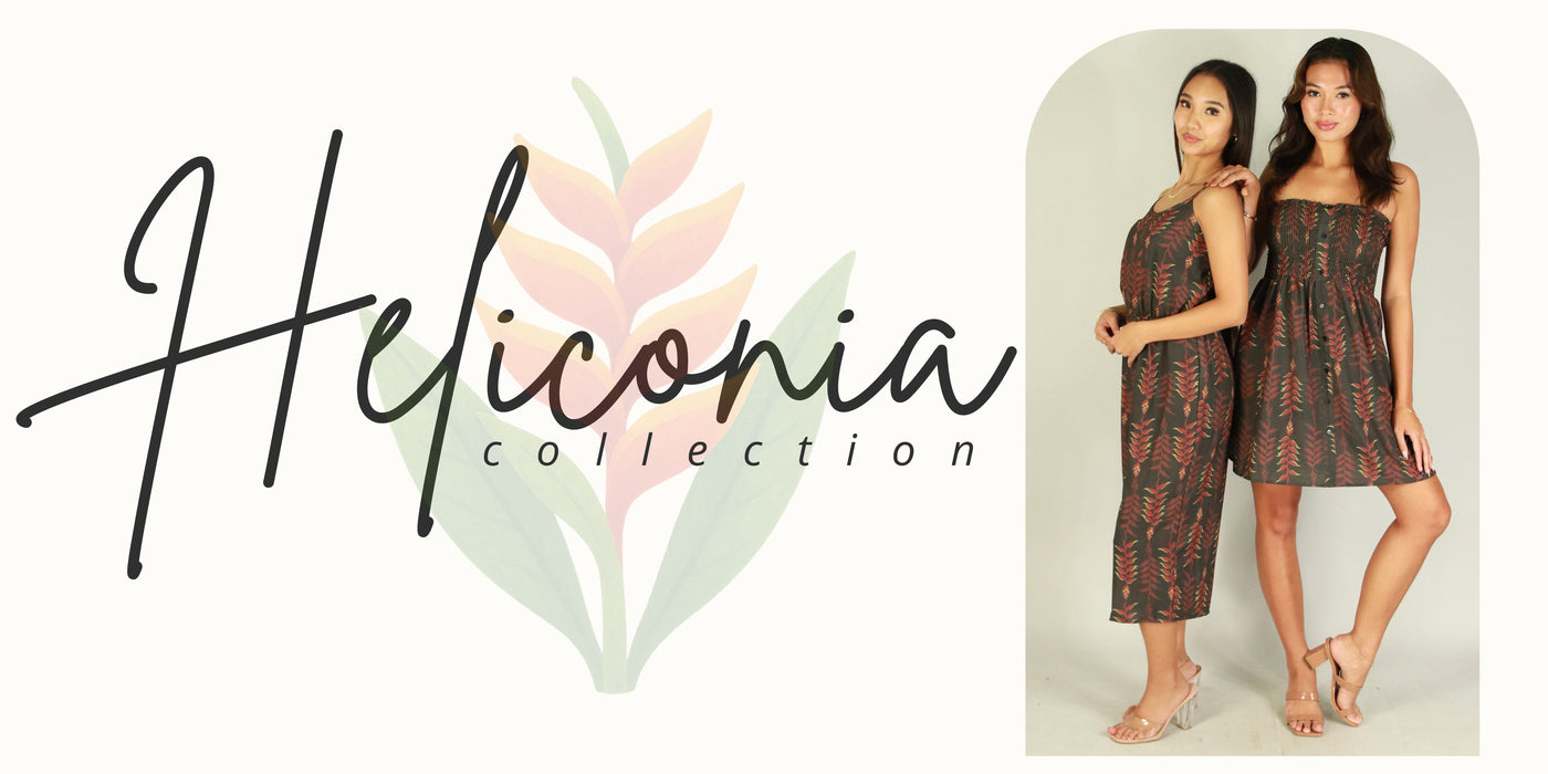 Two women wearing matching outfits from the Heliconia collection with the brand name displayed.