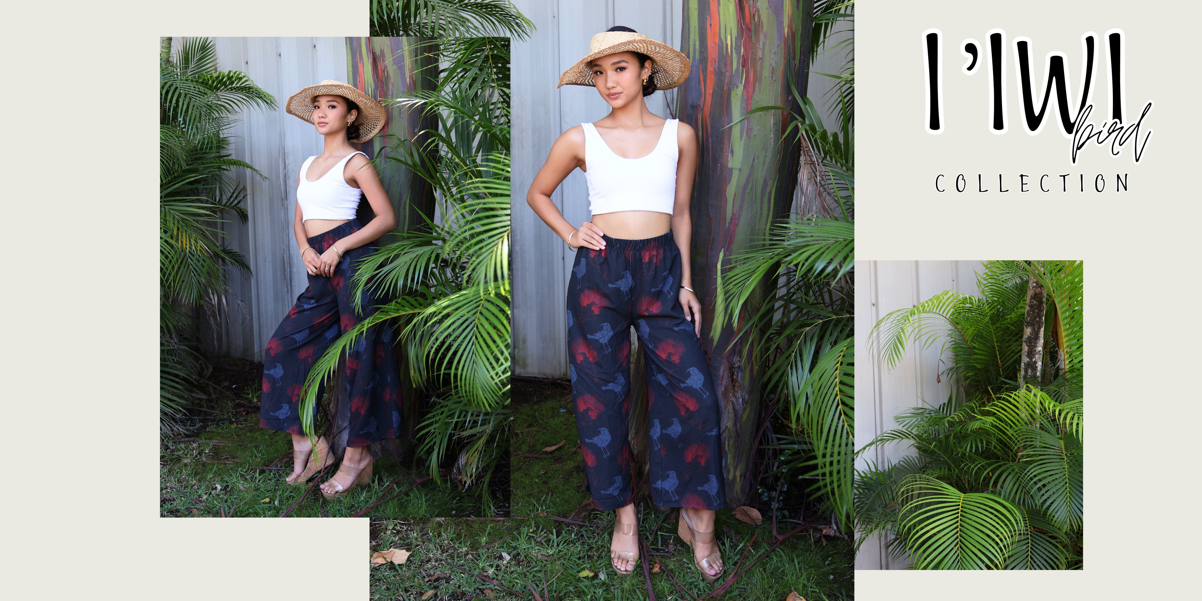 Woman wearing a white top and patterned pants with a straw hat, surrounded by greenery, with I'WI Collection branding.