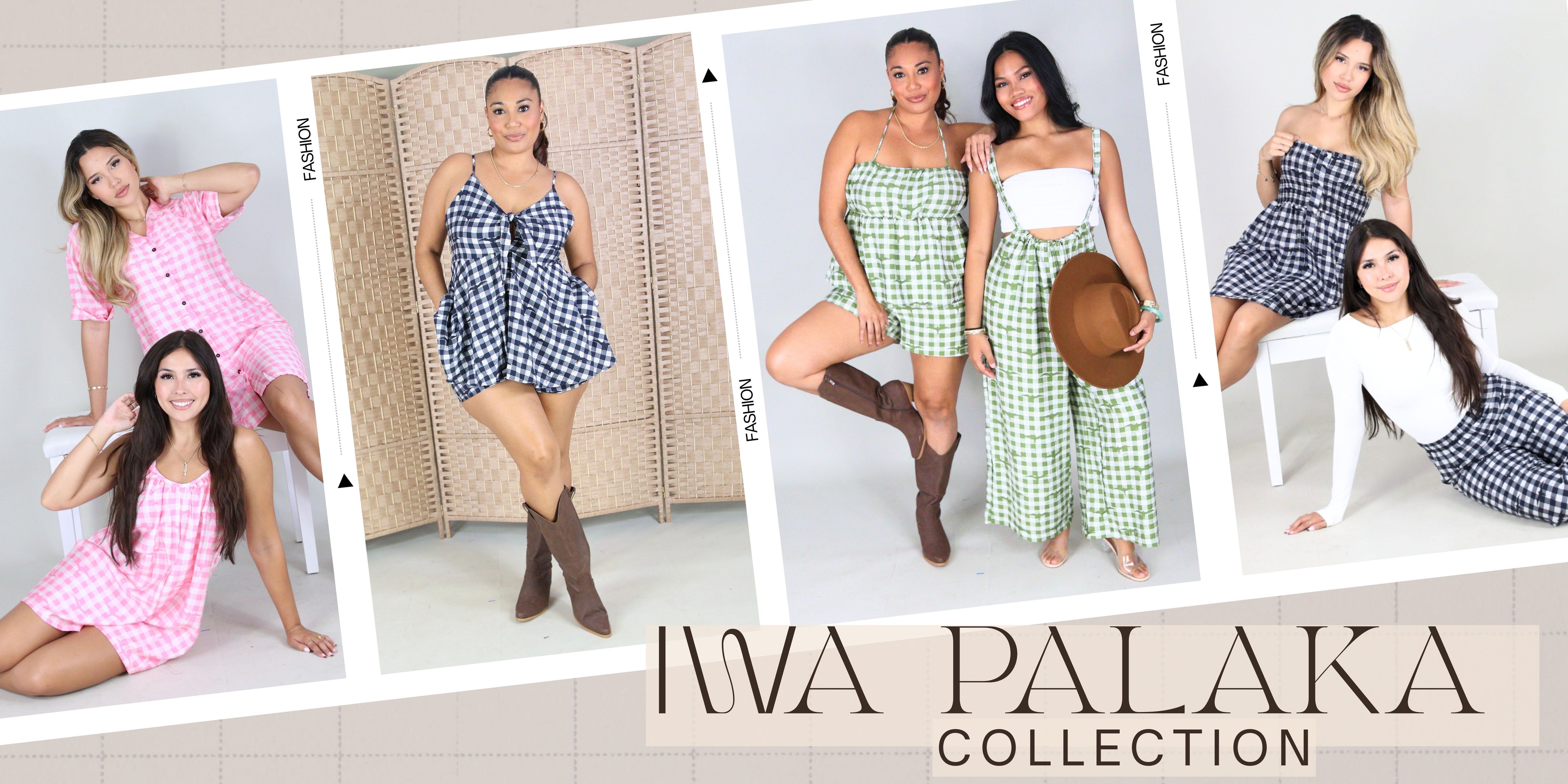 Models posing with the new Iwa Palaka pattern in colors pink, black, and green. View the new Iwa Palaka Collection
