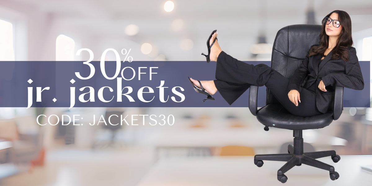 A woman in a black blazer and black skirt sits in a black office chair with one leg raised, wearing glasses. A large promotional banner across the center reads '30% OFF jr. jackets' and 'Use code: JACKETS30'