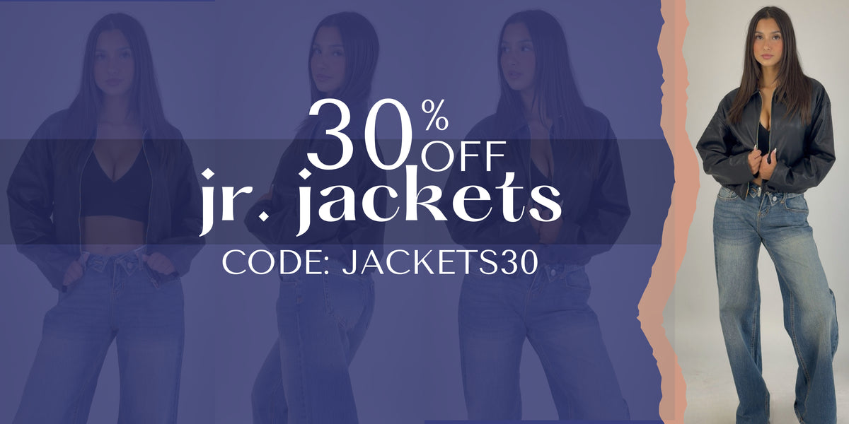 A promotional banner for the 'Junior Jackets' showing a woman posing in four different position from left to right wearing black jacket and blue jeans, with large text in the cnter reading '30% OFF Jr. Jackets' and 'CODE: JACKETS30'.