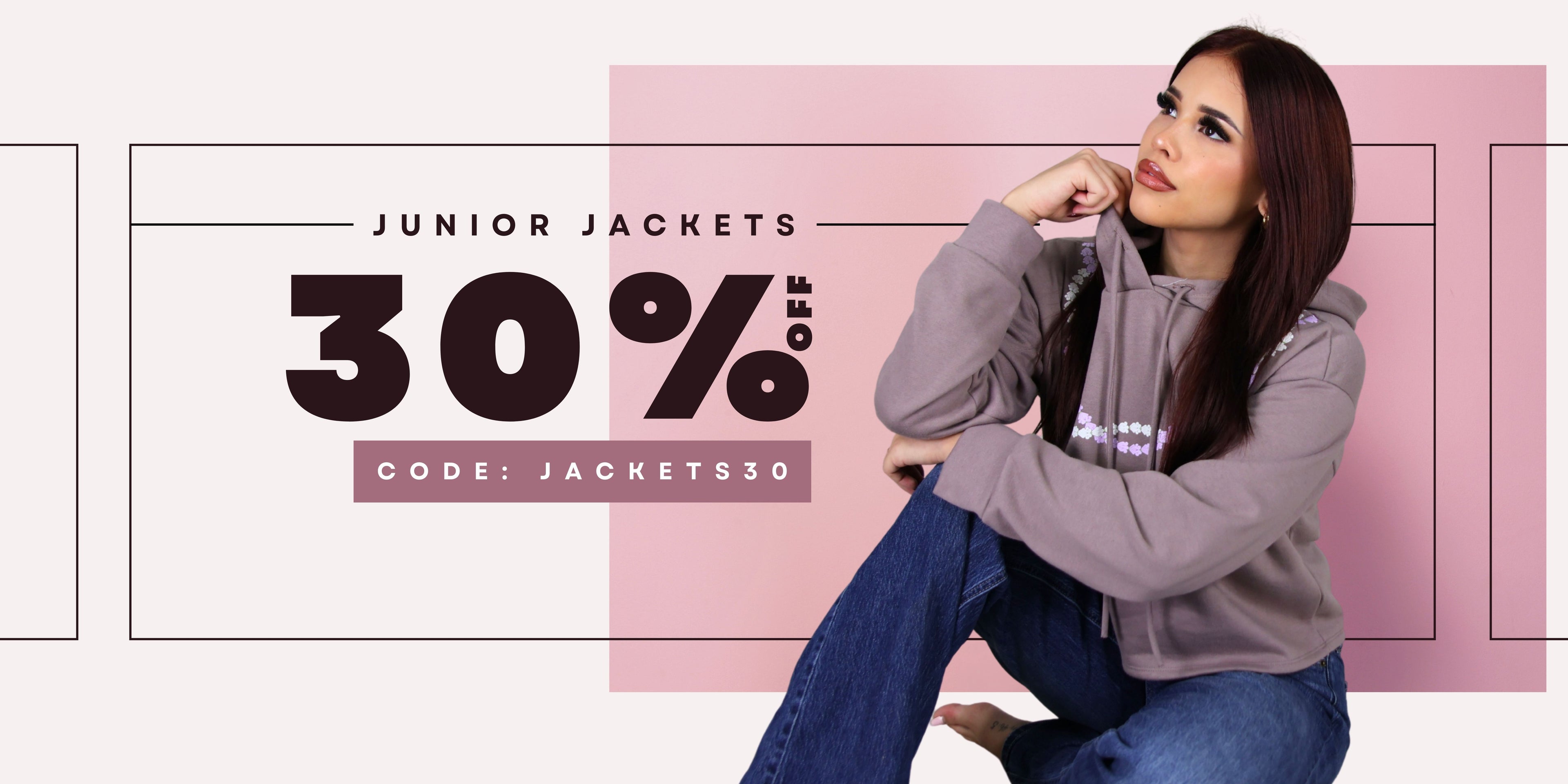 Promotional banner for junior jackets with a discount offer and a model wearing a jacket. 30% off junior jackets, use code JACKETS30