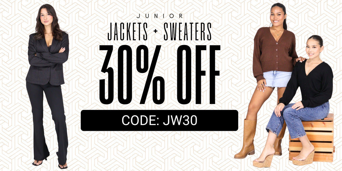One model on the left wearing a black with white strips jacket, black jeans and heals. On the right are two models with a brown and black sweaters with jeans/jeans shorts. All on a white background with a repeating pattern. With text in the middle that says 'Junior Jackets & Sweaters', '30% off', and 'Code: JW30'