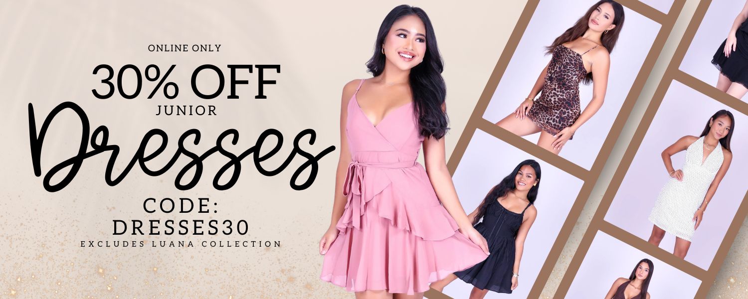 Promotional banner for junior dresses with a large model wearing a pink tiered dress in the center, smaller inset photos of other dress styles on the right, and bold sale text reading '30% OFF Junior Dresses' on the left.