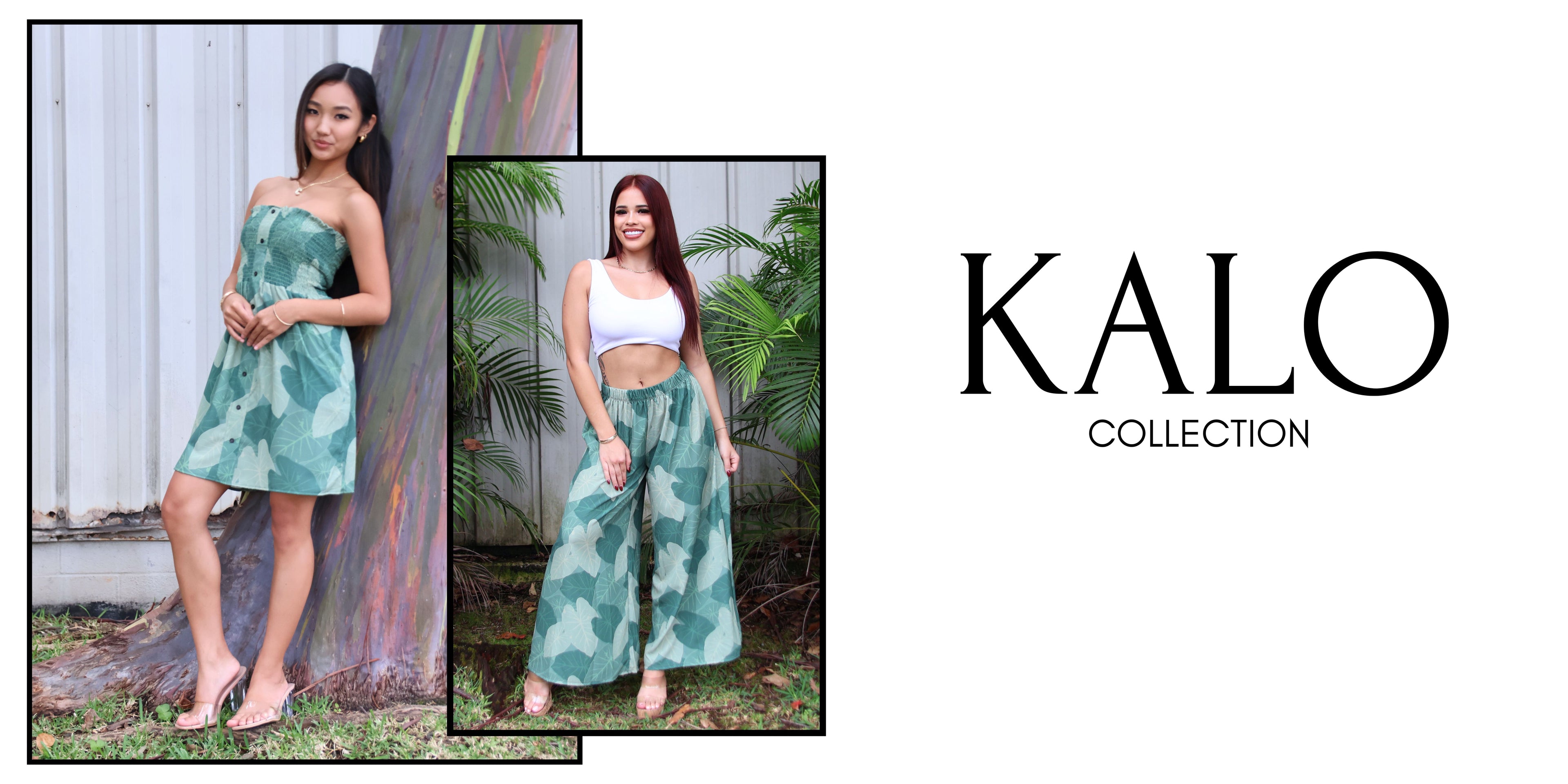 Two women wearing green outfits with 'Kalo Collection' branding. View the Kalo Collection
