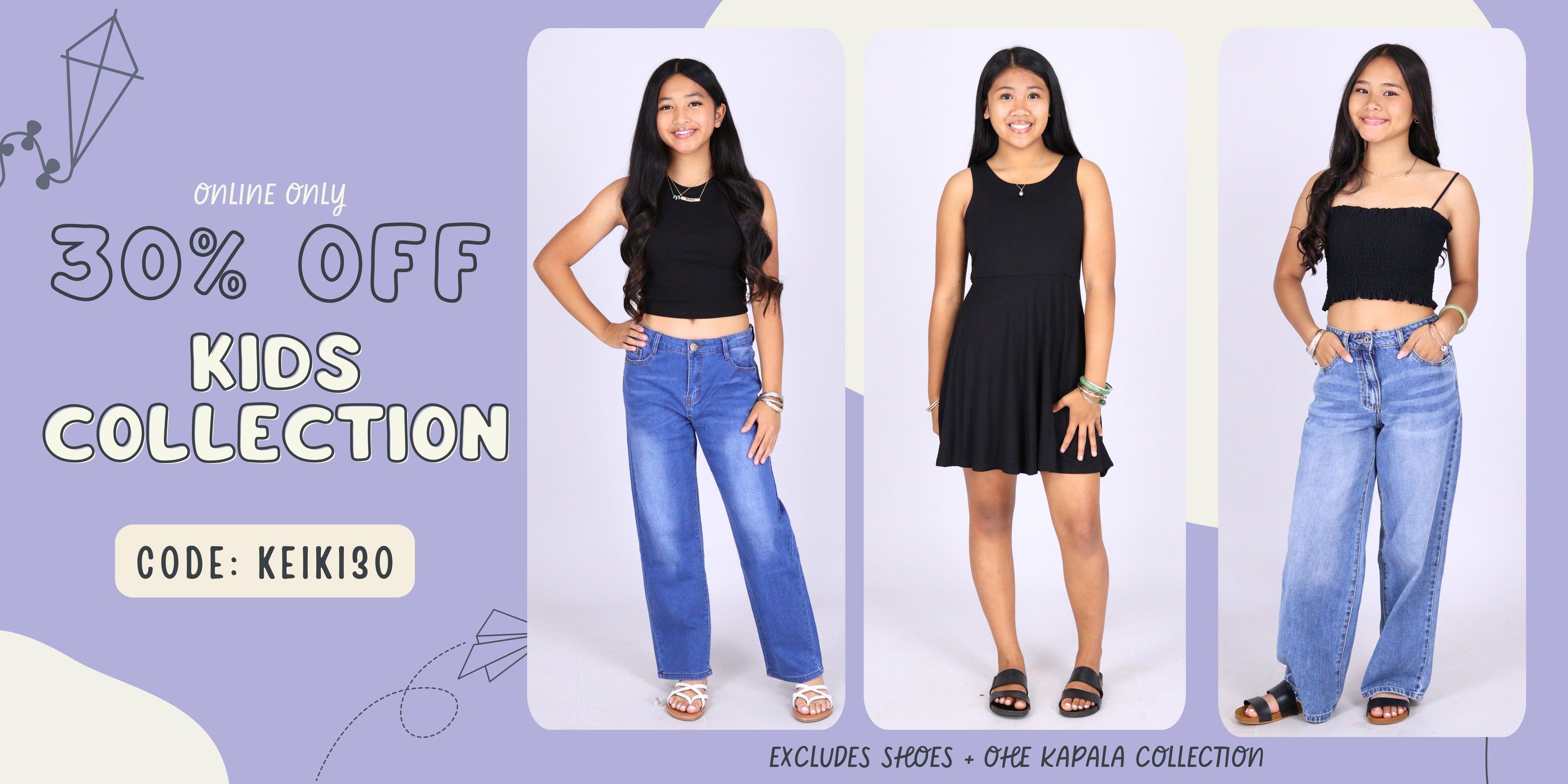 Woman sitting on a textured surface with promotional text for a 30% off Keiki Collection and code displayed. Code: KEIKI30