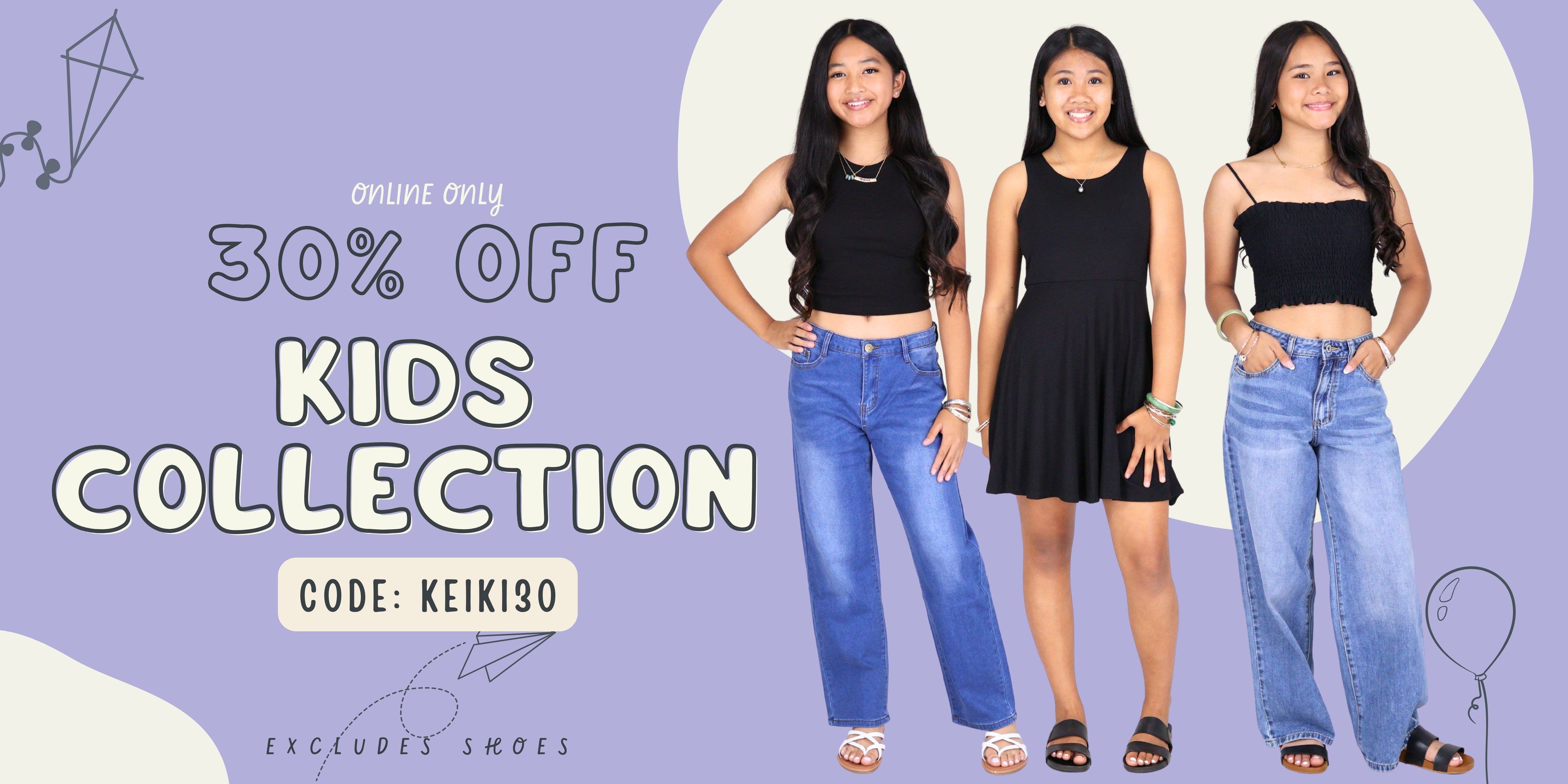 Three children in black tops and blue jeans with promotional text for a kids collection sale on a purple background. Use promo code: KEIKI30
