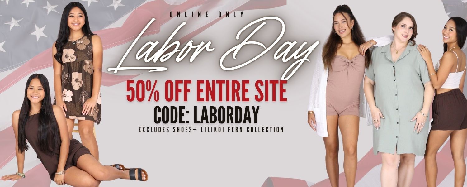Promotional banner for Labor Day featuring five women modeling dresses and swimwear, with large text reading 'Labor Day,' '50% OFF ENTIRE SITE,' 'CODE: LABORDAY,' and 'ONLINE ONLY.' The background includes a faded American flag motif.