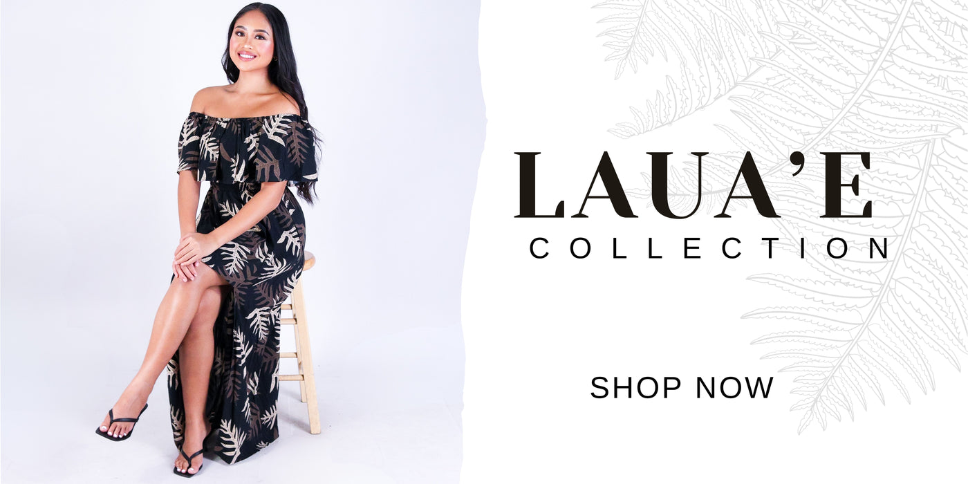 Woman in a black floral dress sitting on a white background with Laua'e Collection' branding. Shop Now