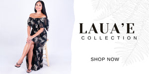 Woman in a black floral dress sitting on a white background with Laua'e Collection' branding. Shop Now