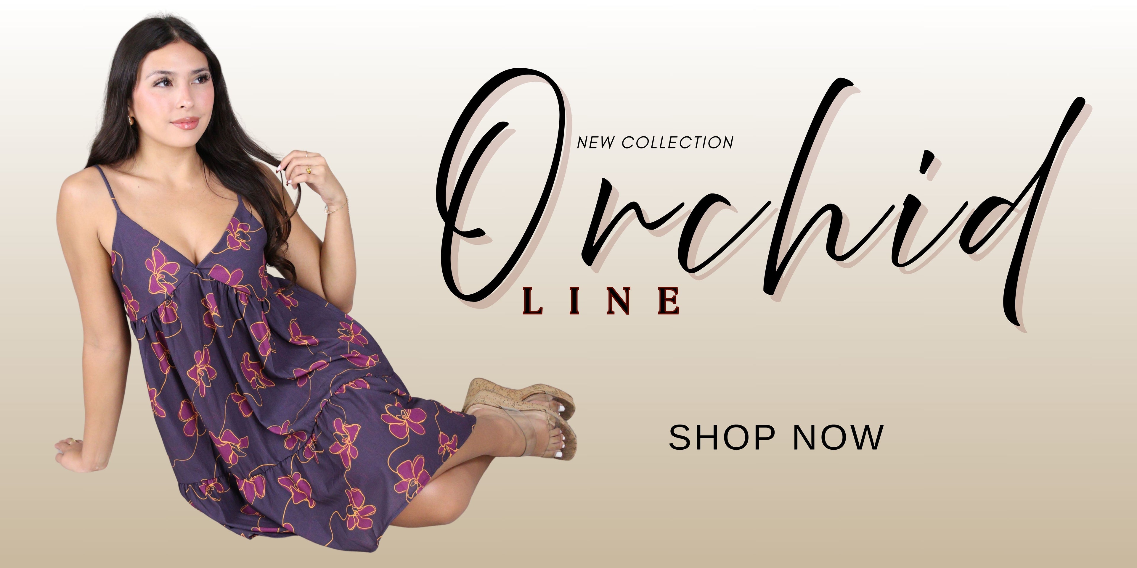 Woman wearing a patterned dress with 'Orchid Line' text and 'Shop Now' call to action on a beige background