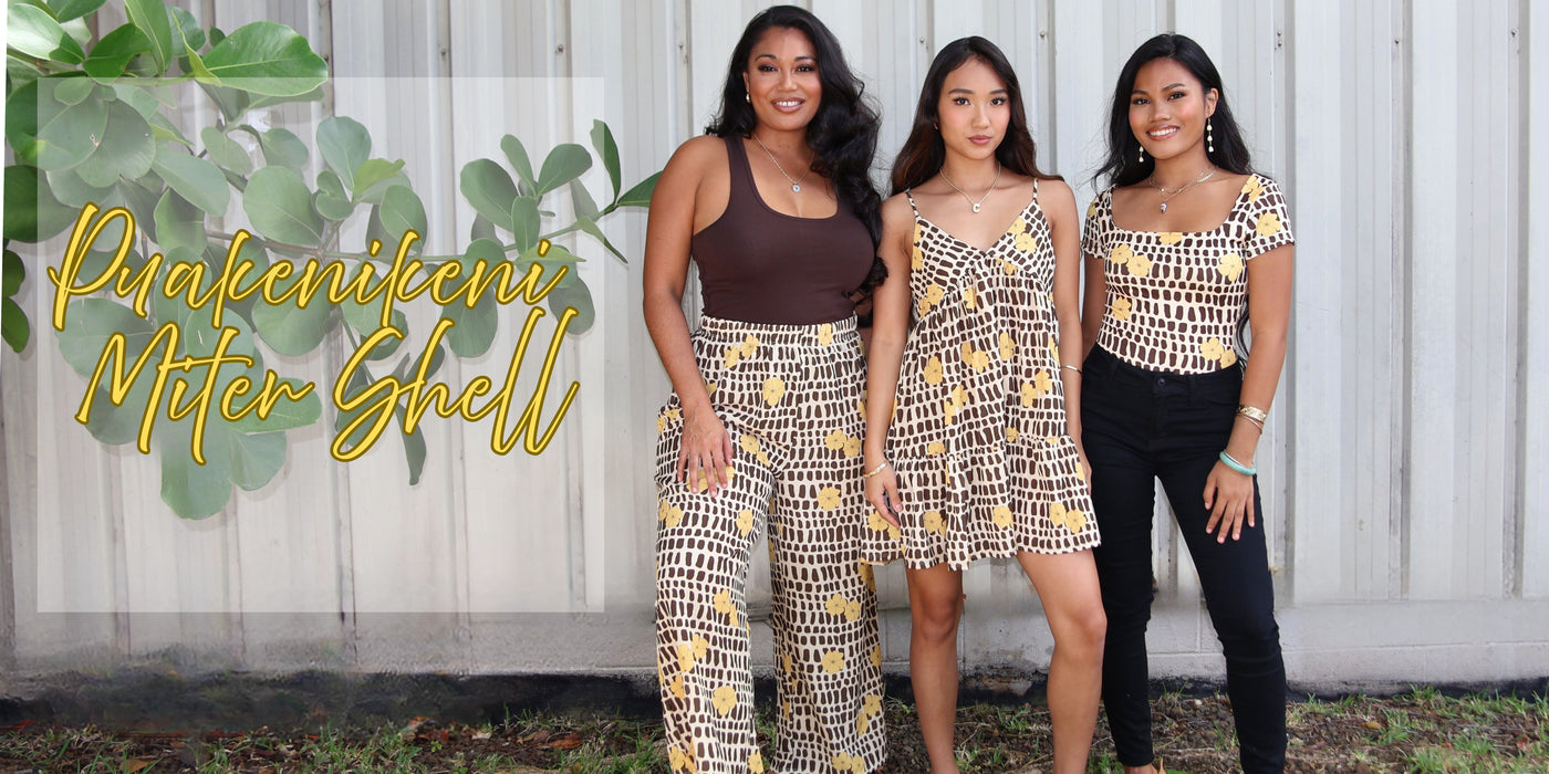 Three women standing outdoors with text overlay: Puakenikeni Miter Shell