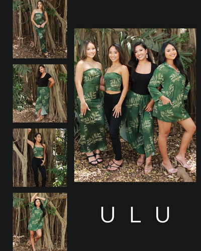 Collage of women wearing green leaf-patterned outfits with 'ULU' branding. View our Ulu Collection