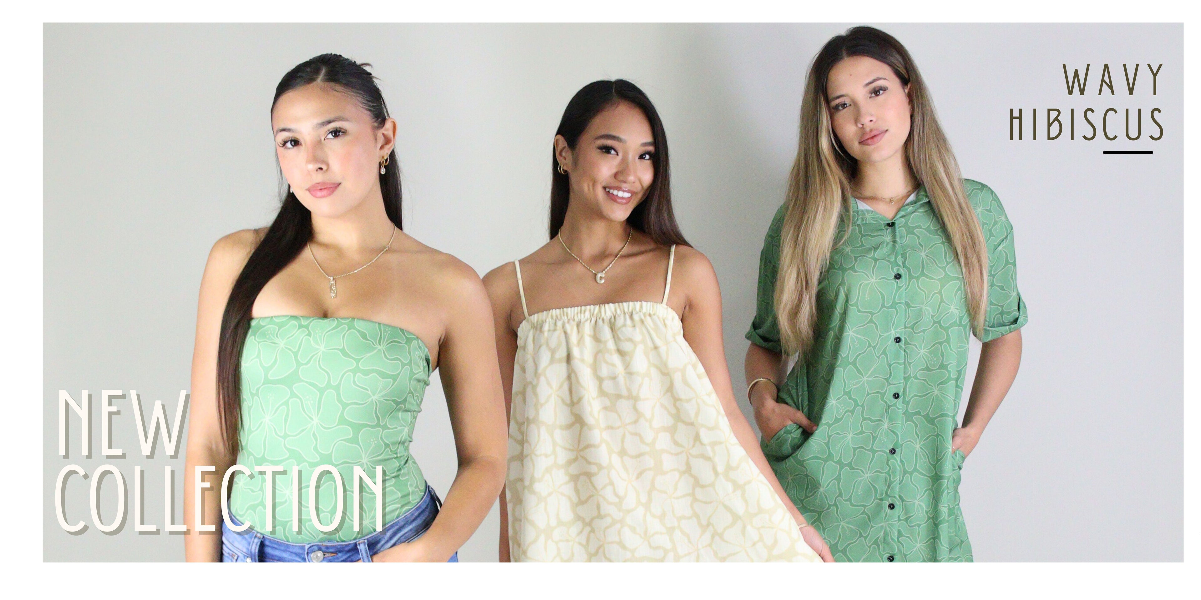 Three women wearing wavy hibiscus tops and dresses with a gray background. View our new wavy hibiscus collection