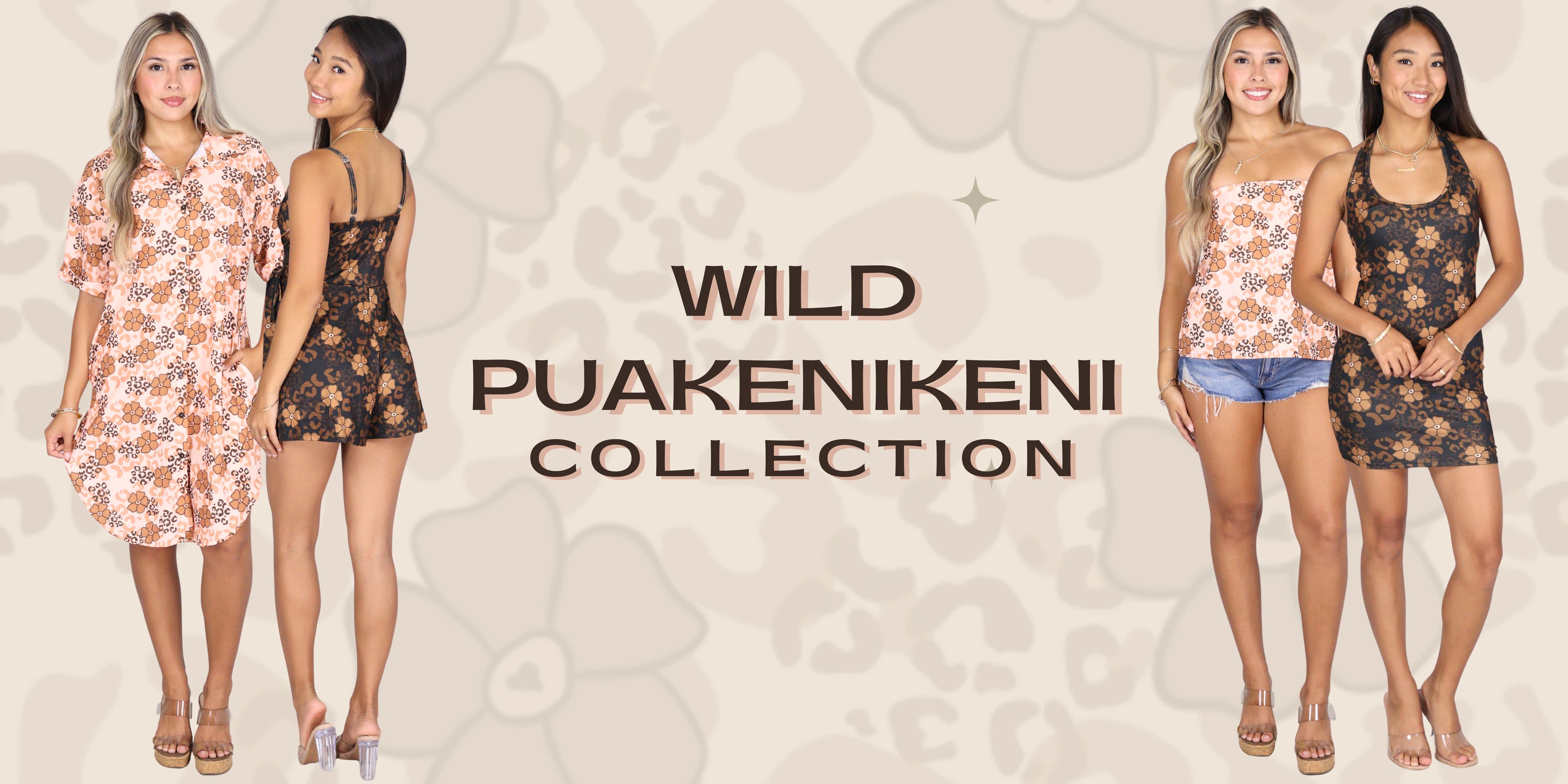 Promotional image of 'Wild Puakenikeni Collection' with models wearing floral and patterned outfits on a textured beige background.